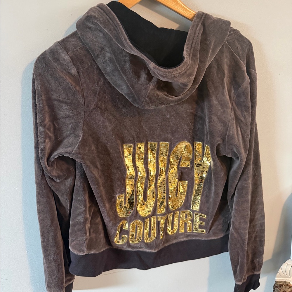 Juicy Couture Brown Velour Hoodie with Gold Sequin Logo